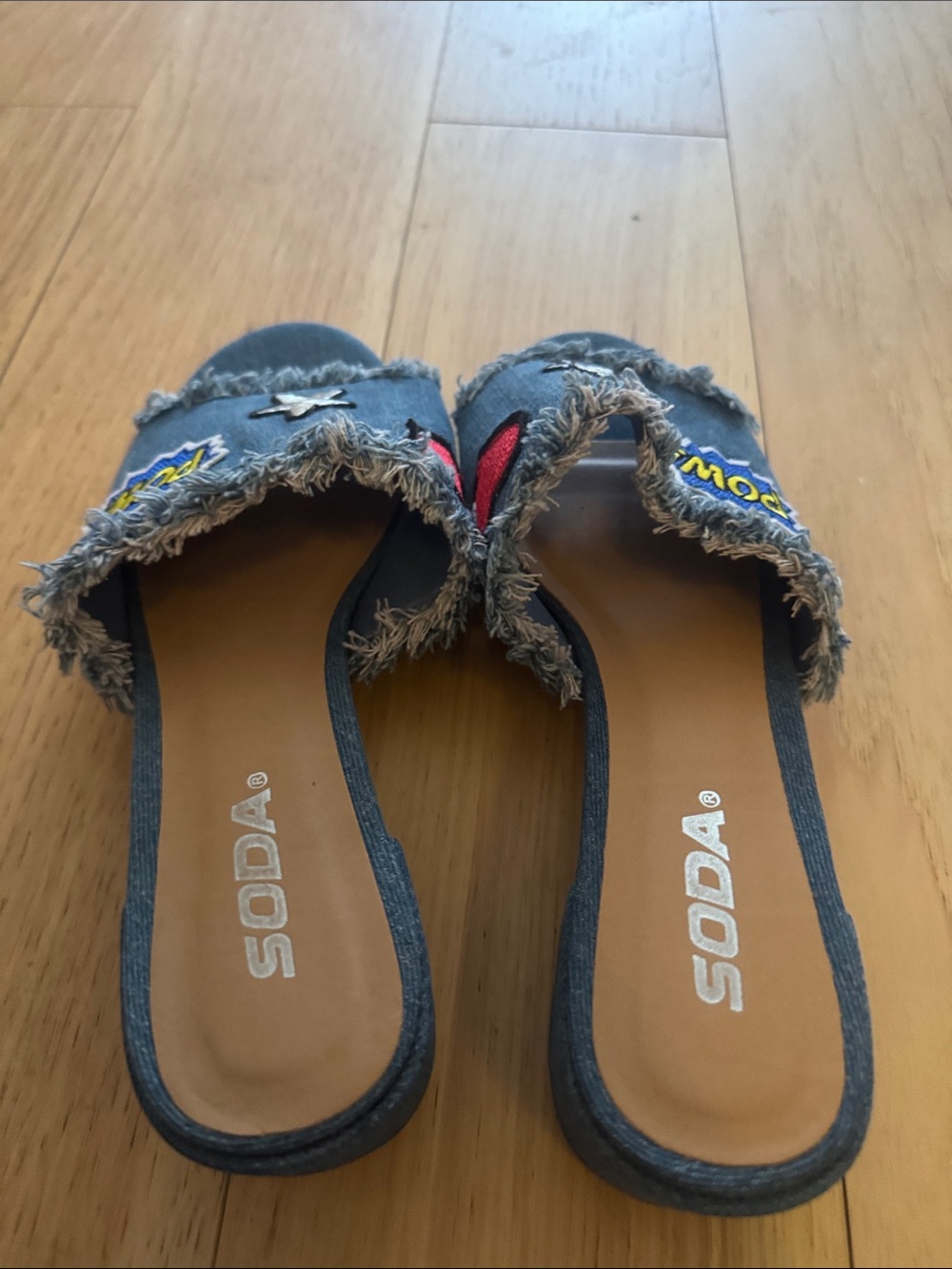 Soda Blue Denim Mule Slides with Red Heart & Silver Stars - Picture 2 of 4